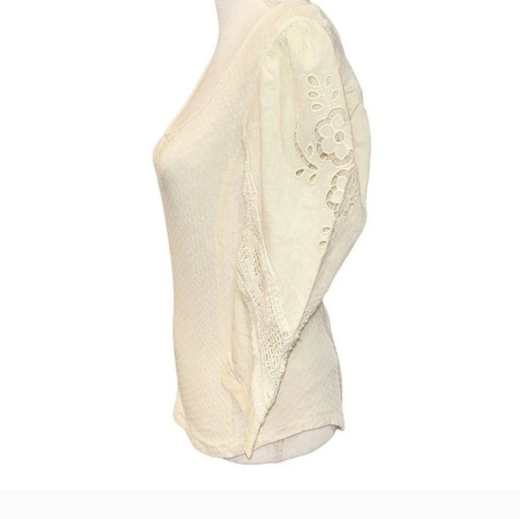 Free People NWT Brunch Date Henley Medium Eyelet 3/4 Sleeves Color Moon Glow Top - Picture 7 of 12